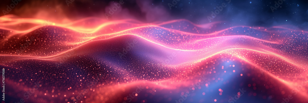Fototapeta premium Abstract dynamic particle waves with glowing neon lights, digital technology background, futurism concept