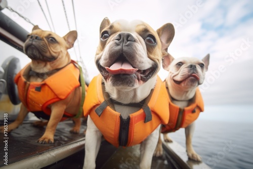 canines on a boat with life vests on photo