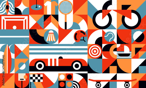 Geometric summer sport pattern background with retro cars, abstract vector. Minimal pattern with vintage shapes and geometric forms of summer sport items, bicycle and skateboard