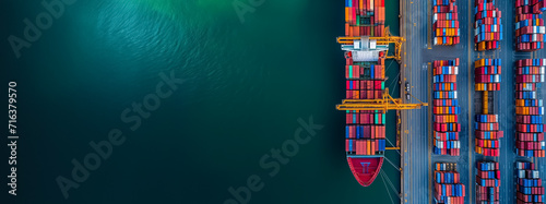 Aerial view of a cargo ship loaded with colorful containers at a commercial dock, representing global trade and logistics photo