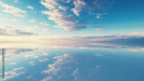 Tranquil pastel sunrise over a mirrored water surface with scattered clouds  embodying peace and serenity in a panoramic landscape