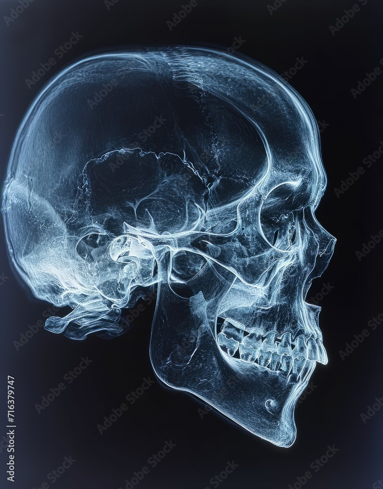 Human skull on X-ray visual. Generative AI technology.
Human skull on X-ray visual. Generative AI technology.