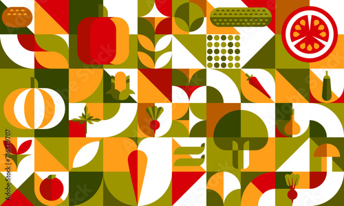Ripe vegetable abstract geometric pattern background, vector mosaic food tile. Broccoli, carrot and pumpkin with cucumber and tomato vegetables in Bauhaus Swiss or Scandinavian geometric pattern