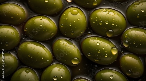 Fresh green olives with water splashes and drops on black background photo