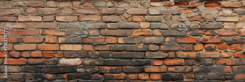 Textured aged brick wall with varied hues of orange and brown  suitable for background or architectural concepts