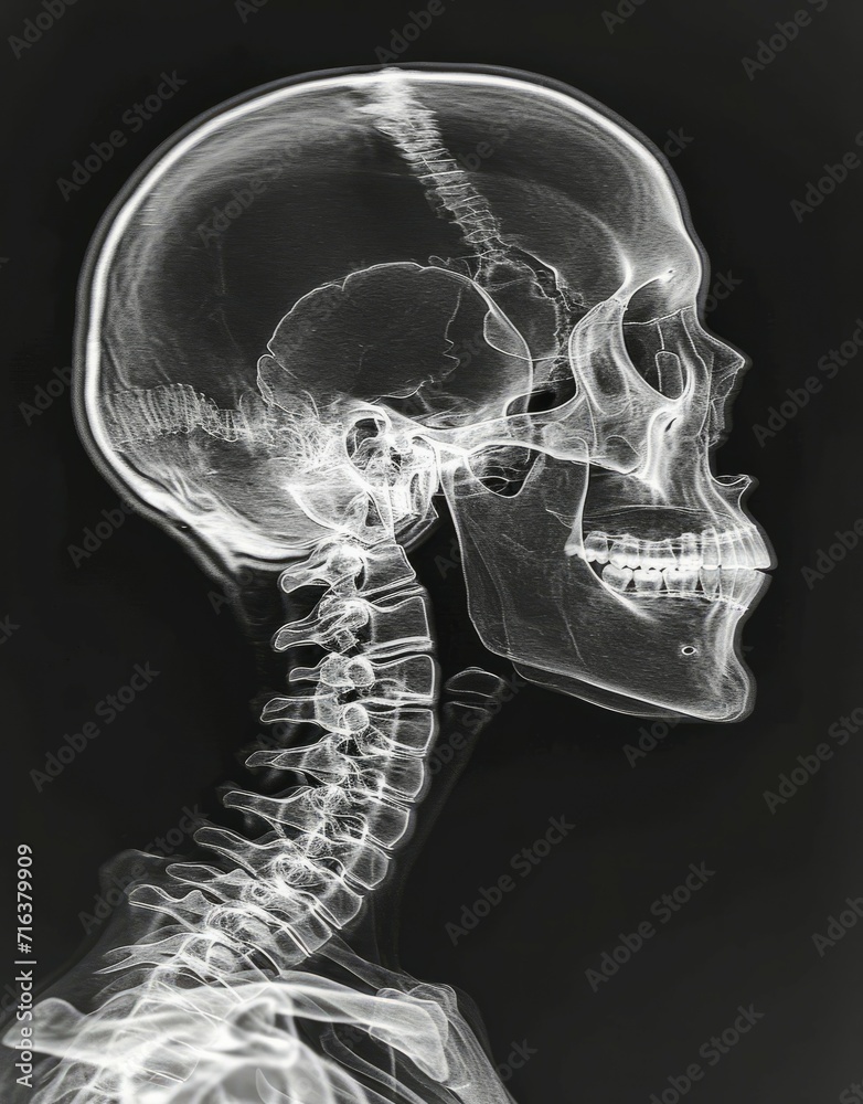 Human head and neck skull. X-ray visual. Generative AI technology.
Human head and neck skull. X-ray visual. Generative AI technology.