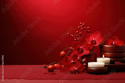 Scarlet red Spa background, wellness, skincare, massage foot therapy, therapist massage background, aromatherapy massage, thai, Asian, facial, pedicure, medicure, relax spa, towels, Spa stones