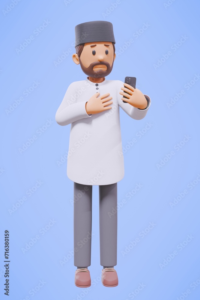 3d man muslim greeting, greeting, pointing and holding phone while smiling with blue background 3d man muslim greeting, greeting, pointing and holding phone while smiling with blue background