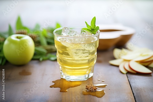 sparkling apple cider vinegar drink with mint and ice cubes photo