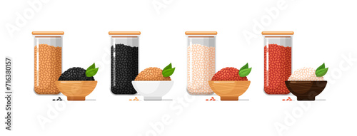 Kitchen food containers, glass jars and ceramic or wooden bowls with red, white, brown, black rice. Clear plastic jars with lid for bulk and cereals, set of vector flat cartoon illustrations