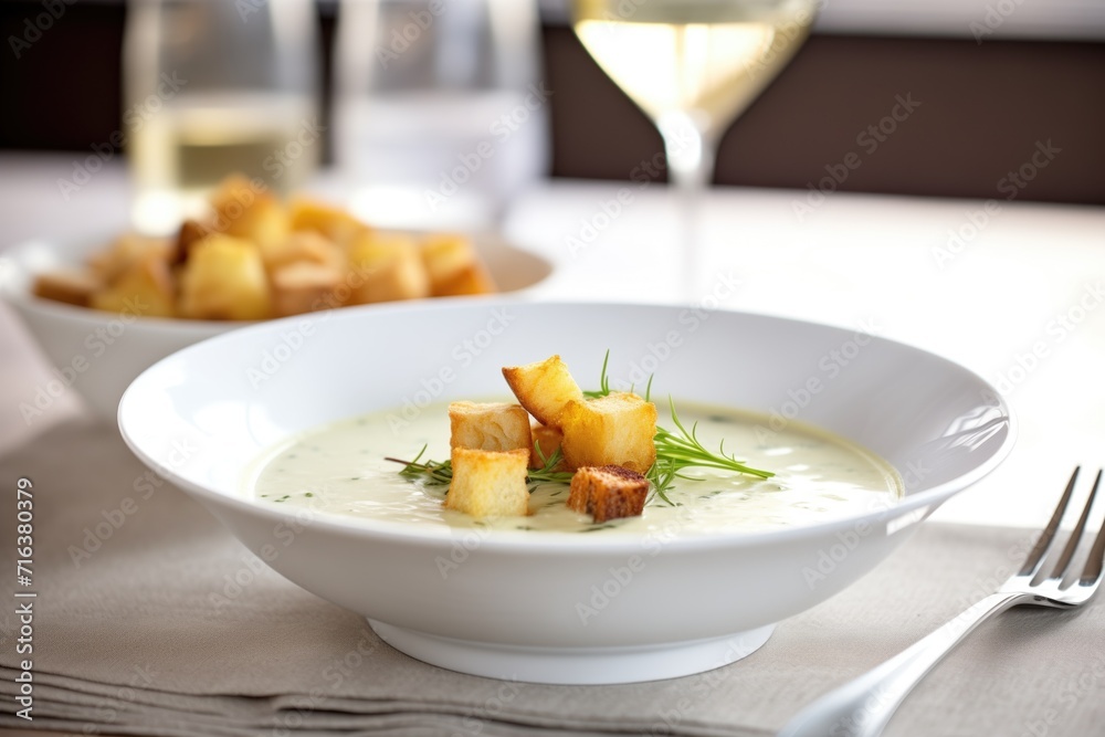 a bowl of creamy artichoke heart soup with croutons a bowl of creamy artichoke heart soup with croutons