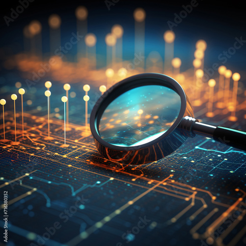 Magnifying Glass on Data Analysis Charts, Close-up of Technology