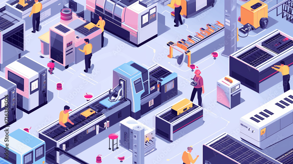 Obraz premium Factory floor assembly line. Workers on compact modern factory floor.