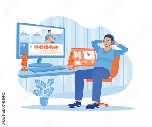 The video editor wears headphones. The filmmaker is in the office working on post-production for a film. Video Editor concept. Flat vector illustration.