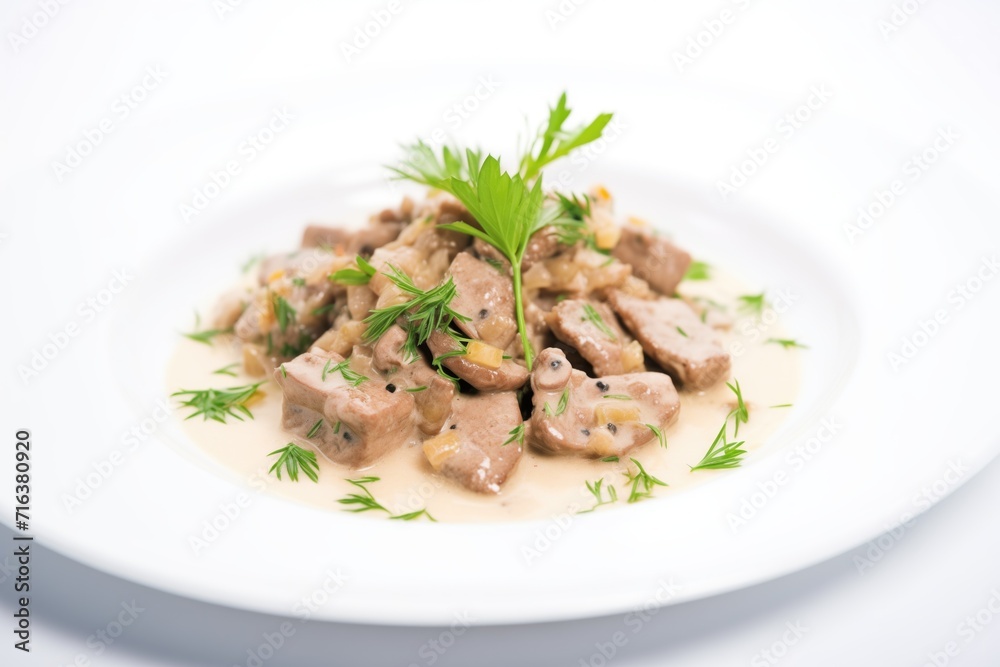 close-up of beef stroganoff plated on white porcelain, garnished with parsley