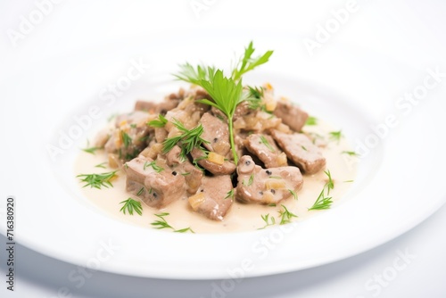 close-up of beef stroganoff plated on white porcelain, garnished with parsley