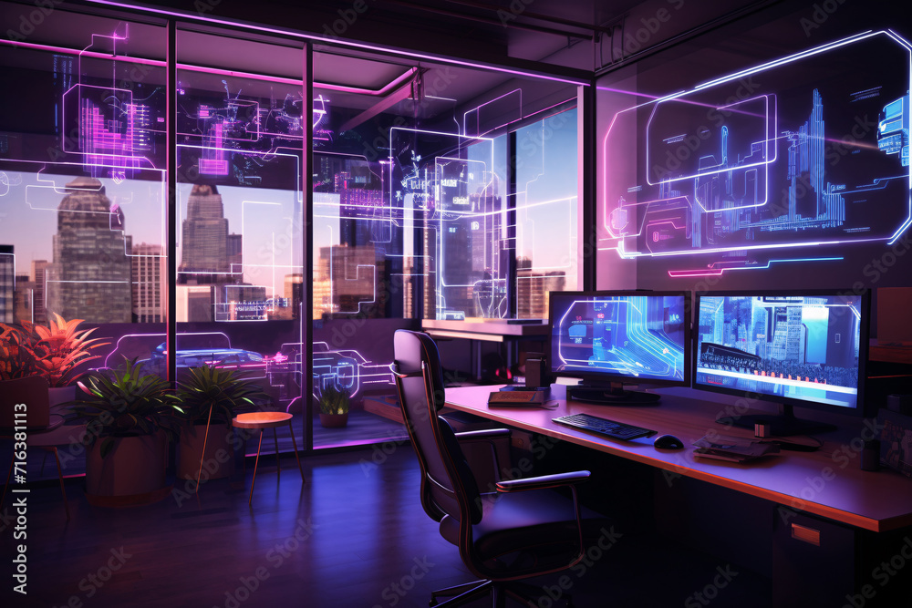 Neon Cyberpunk Open Space Office Interior, Modern IT Concept