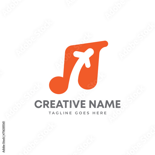 Music tour logo. travel for music fest logo. travel with music. music note with airplane . music trip logo