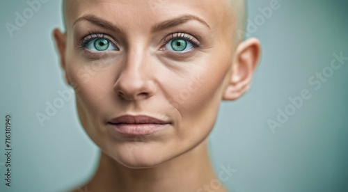 portrait of a pretty hairless woman on background, green or blue eyes, bald-headed girl, cancer woman, portrait of bald-headed woman © Gegham