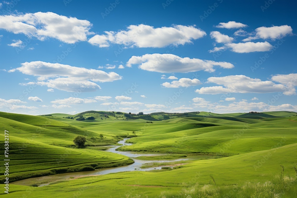 Peaceful meadow with rolling hills under a partly cloudy sky, Generative AI