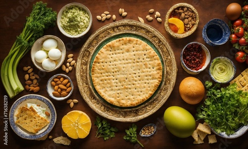 Matzah - thin unleavened flatbread, national Jewish food on plate. On table around plate lies nuts, eggs and vegetables . Matzo traditionally prepared for Passover. Spring Holiday. Top view. photo