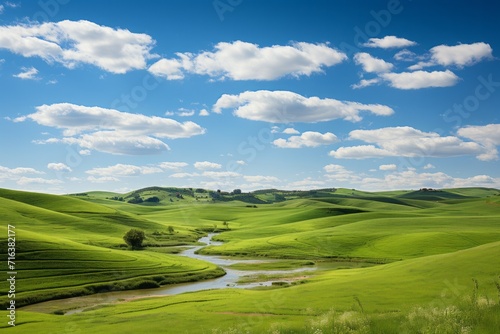 Peaceful meadow with rolling hills under a partly cloudy sky  Generative AI