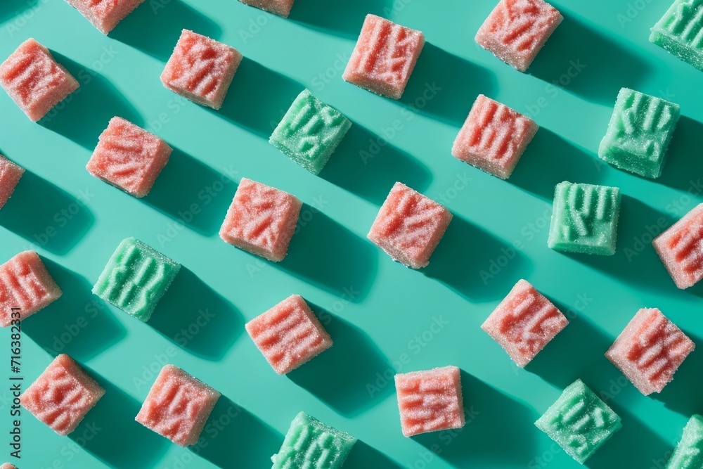 Colorful Patterned Candies on a Bright Turquoise Background