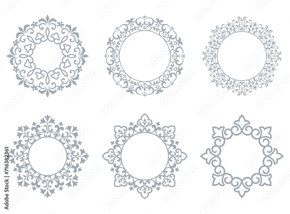Set of decorative frames Elegant vector element for design in Eastern style, place for text. Floral gray and white borders. Lace illustration for invitations and greeting cards Set of decorative frames Elegant vector element for design in Eastern style, place for text. Floral gray and white borders. Lace illustration for invitations and greeting cards