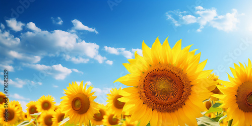 Sunflower Field and Blue Sky Closeup High Detailed View