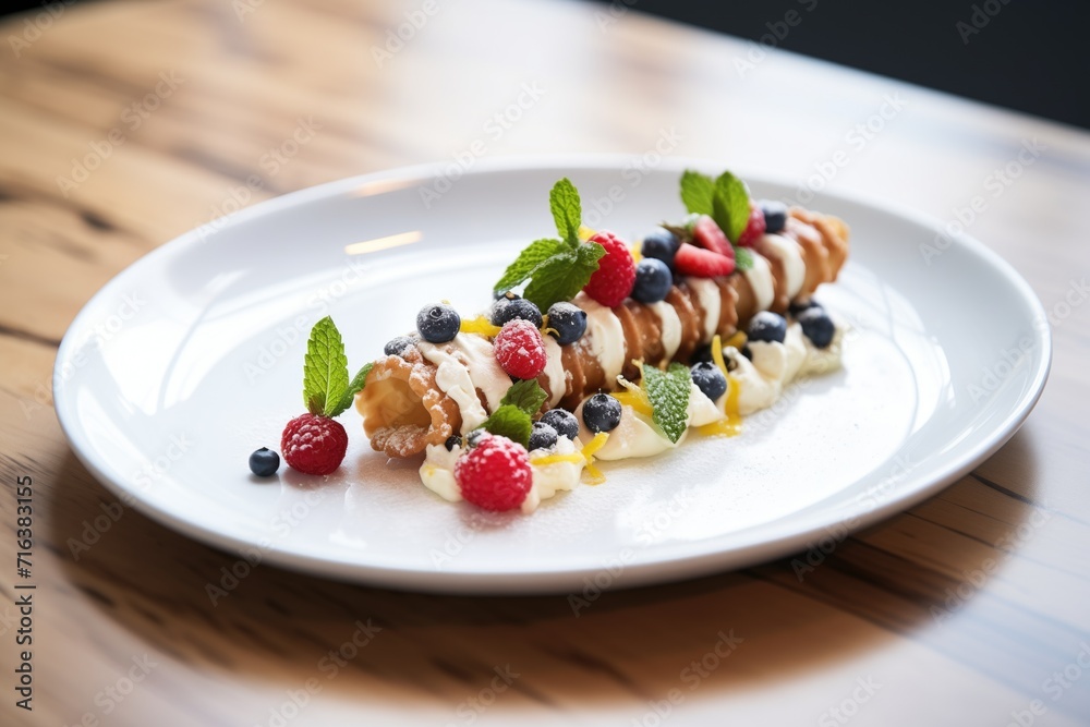 cannoli plated with fresh mint and berries cannoli plated with fresh mint and berries