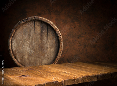 background of barrel and worn old table of wood. High quality photo. High quality photo