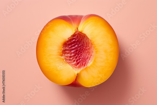 Ripe Peach Halved on Pastel Pink Background
