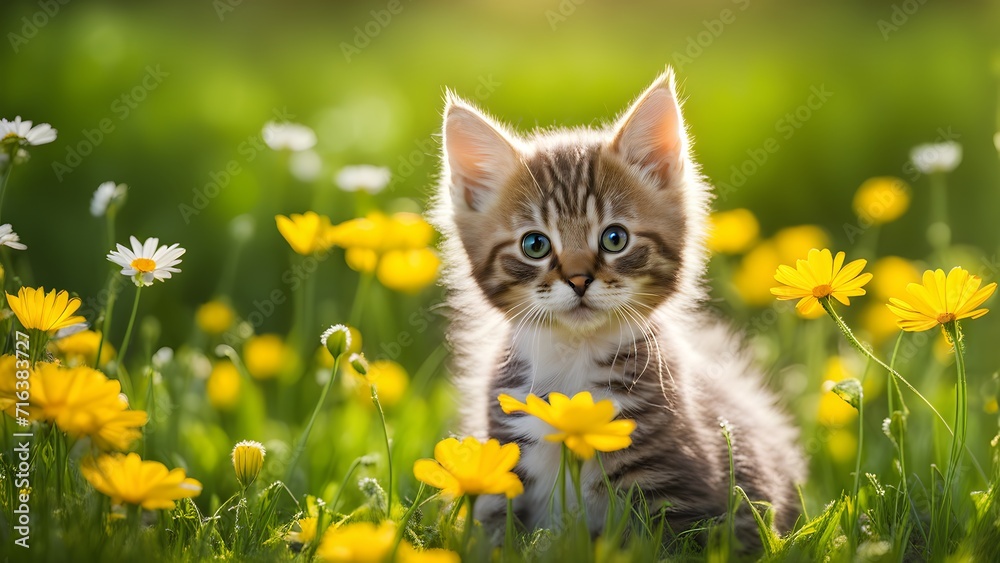 Obraz premium Cute little kitten sitting in daisies flowers on the grass