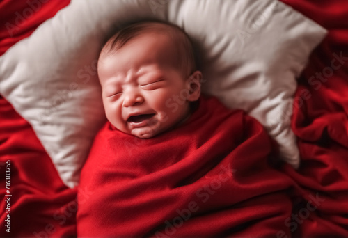Dolce Vulnerabilità- Il Pianto del Neonato Registrato Sotto una Coperta Rossa sul Letto, Vista dall'Alto photo