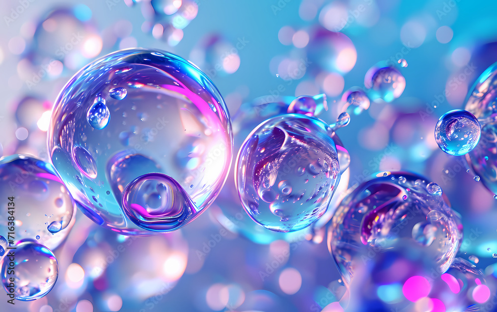3D Illustration of Blue and Purple Liquid Spheres Background