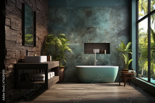 tropical hotel bathroom toilet with dark gray stone walls and a palm tree outside the window, on an isolated teal background, Generative AI