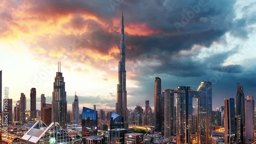 Time lapse Amazing night Dubai downtown skyline, United Arab Emirates photo