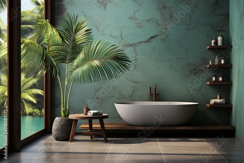 tropical hotel bathroom toilet with dark gray stone walls and a palm tree outside the window, on an isolated teal background, Generative AI photo