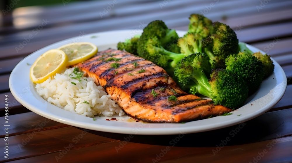 A plate with grilled salmon with lemon, brocoli and rice A plate with grilled salmon with lemon, brocoli and rice