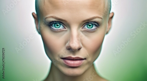portrait of a pretty hairless woman on background  green or blue eyes  bald-headed girl  cancer woman  portrait of bald-headed woman