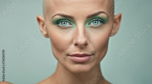 portrait of a pretty hairless woman on background  green or blue eyes  bald-headed girl  cancer woman  portrait of bald-headed woman