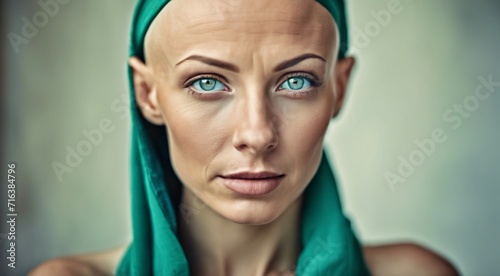 portrait of a pretty hairless woman on background, green or blue eyes, bald-headed girl, cancer woman, portrait of bald-headed woman