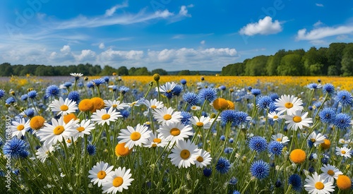 Beautiful daisies and cornflowers on the background of the meadow and the sky