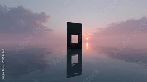 3D Surrealism with Black Door at Sunset