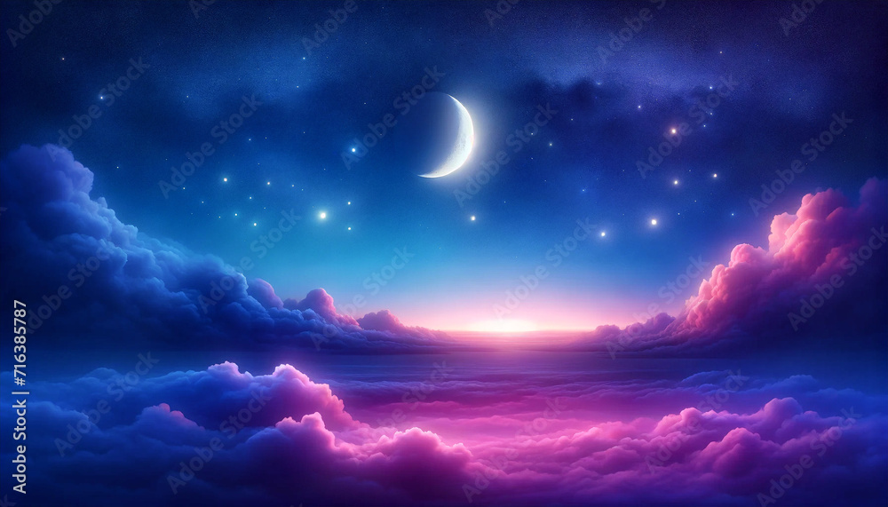 Fantasy Skyline with Moon and Stars Above Clouds purple gradient mystical moonlight sky with clouds and stars phone background wallpaper ai generated