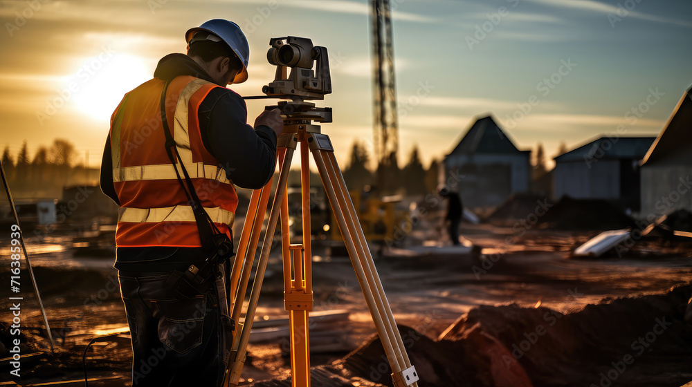 Fototapeta premium A surveyor builder engineer in action, this photo showcases precise measurement with theodolite equipment at a bustling construction site.