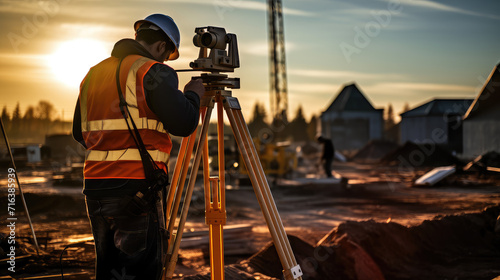 A surveyor builder engineer in action, this photo showcases precise measurement with theodolite equipment at a bustling construction site. photo