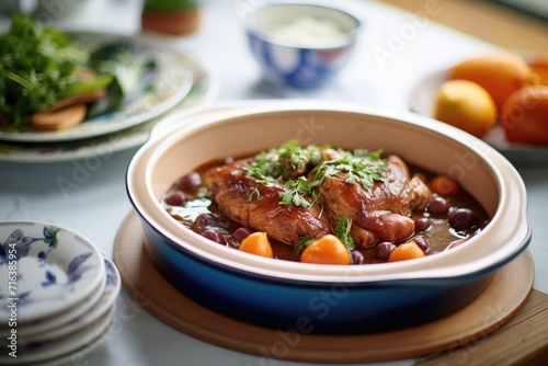 coq au vin in a traditional french ceramic dish
