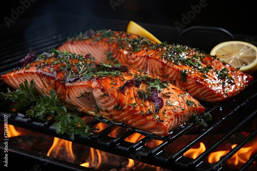Grilled salmon fillet with lemon on top on a flaming charcoal grill  cooking fish on fire  Generative AI