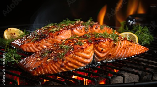 Grilled salmon fillet with lemon on top on a flaming charcoal grill, cooking fish on fire, Generative AI